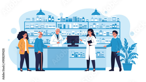 Customers including a senior man wait at a modern pharmacy counter to consult with professional pharmacists about their medical prescriptions.