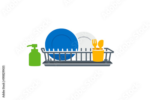 A flat vector illustration of a dish drying rack containing a blue plate, a white plate, and a yellow cup with cutlery. A green soap dispenser sits next to the rack on a black background.