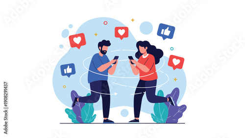 Man and woman stand back to back using their smartphones while social media like and heart icons orbit around them in a digital connection theme.