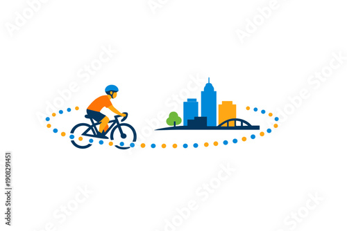A flat vector illustration of a cyclist in an orange shirt riding a bicycle along a dotted path towards a colorful city skyline with buildings, a tree, and a bridge on a black background.