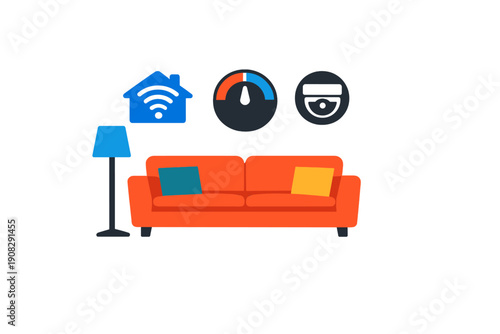 A flat illustration of a modern living room featuring an orange sofa with colorful cushions, a blue floor lamp, and smart home technology icons representing connectivity and energy monitoring.