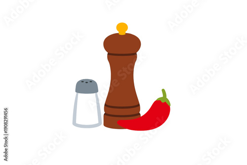 This graphic illustration features a brown wooden pepper grinder, a salt shaker, and a red chili pepper on a black background. It depicts common kitchen spices and seasoning tools.