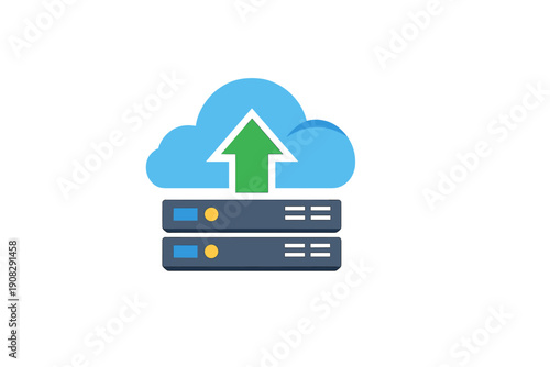 A flat vector illustration showing a blue cloud with a green upward arrow above two grey server racks, representing cloud storage, data backup, and network technology concepts.