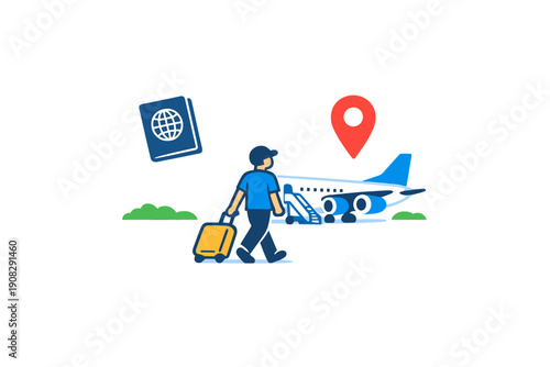 A cartoon illustration of a male traveler pulling a yellow suitcase towards a blue airplane on a black background, featuring a passport icon and a red location pin.