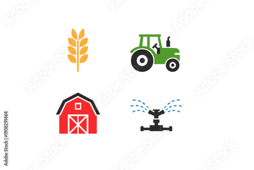 A collection of four colorful agricultural icons featuring a yellow wheat stalk, a green tractor, a red barn, and a blue water sprinkler system on a solid black background.