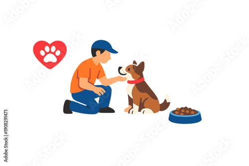 A flat illustration of a man in an orange shirt and blue cap kneeling to pet a brown and white dog. A red heart with a paw print and a bowl of food are shown on a black background.