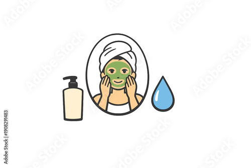 A simple illustration of a woman with a green facial mask and a towel on her head, looking in a mirror next to a skincare bottle and a blue water drop icon on a black background.