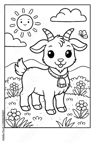 Cute baby goat coloring page featuring a smiling animal with horns, collar, and a bell outdoors