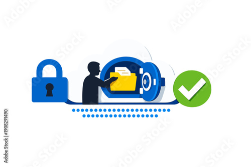 An illustration depicting cloud data security with a person accessing a yellow folder inside a blue safe, accompanied by a padlock and a green checkmark on a white cloud background.