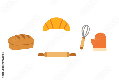 A collection of five baking-themed stickers featuring a loaf of bread, a croissant, a rolling pin, a whisk, and an orange oven mitt, all set against a solid black background.
