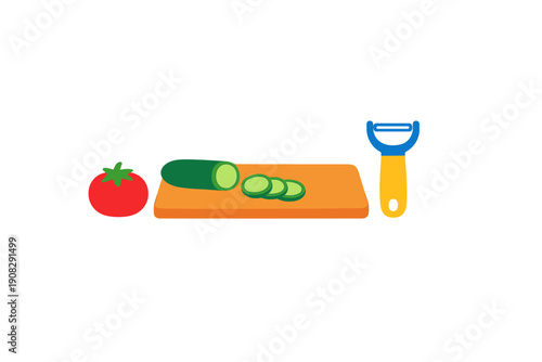 A flat vector illustration featuring a red tomato, a sliced green cucumber on an orange cutting board, and a blue and yellow vegetable peeler against a black background.