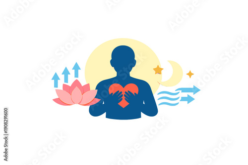 A 3D paper-cut illustration of a blue silhouette holding a red heart, surrounded by a lotus flower, a moon, and stars, representing mindfulness and emotional wellness.