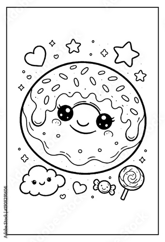 Φωτογραφία Cute kawaii smiling donut with sprinkles, stars, hearts, and sweet candies color