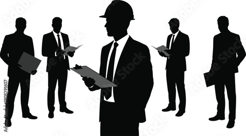 Business people silhouettes collection, corporate professionals reading documents isolated on white background, office teamwork leadership management concept