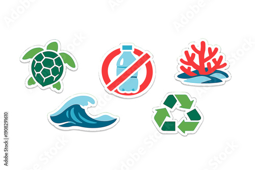 A collection of five stickers promoting ocean conservation, featuring a sea turtle, a wave, coral, a recycling symbol, and a prohibited plastic bottle icon on a dark background.