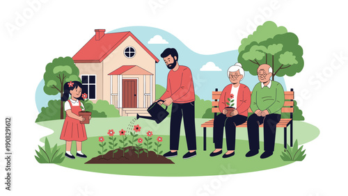 Man and young girl work together gardening in their backyard while an elderly couple watches peacefully from a wooden bench near their home.