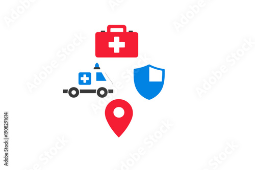 A collection of four medical and emergency icons including a red first aid kit, a black ambulance, a blue shield, and a red location pin, all set against a solid black background.