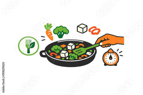 A flat illustration of a hand stirring a pan filled with tofu, broccoli, and carrots. The scene includes a kitchen timer and a green leaf fork icon on a black background.