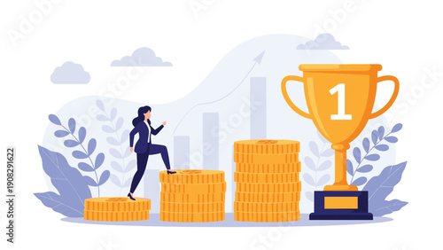 Businesswoman climbing stairs made of gold coins towards a giant trophy symbolizes career growth and financial success in corporate world.