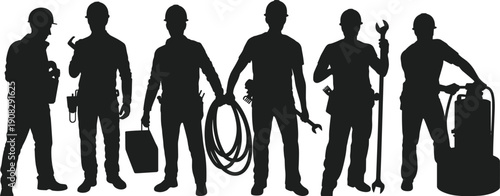 Black silhouette industrial workers collection, technicians with tools isolated on white background engineering concept