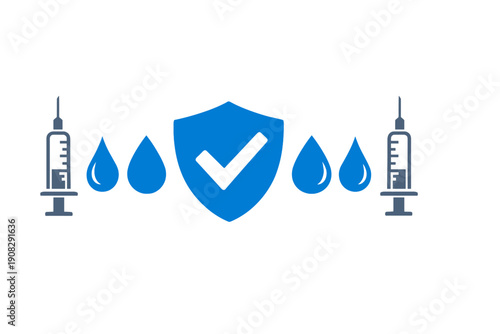 This graphic shows two syringes and blue liquid droplets surrounding a protective shield with a checkmark. The design represents medical safety and vaccination on a black backdrop.