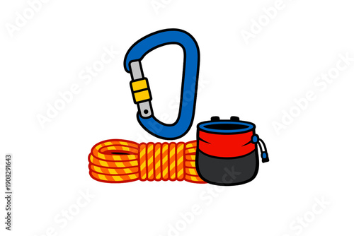 This illustration features essential rock climbing gear such as a blue metal carabiner, a coiled orange and yellow rope, and a red chalk bag on a plain black background.