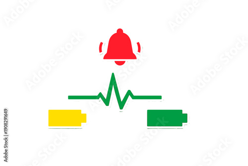 This graphic shows a red notification bell above a green heartbeat pulse line with two battery icons, one yellow and one green, all set against a dark background.