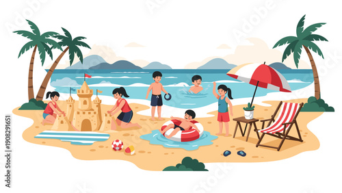 Happy group of children playing on a sunny beach building a sandcastle and swimming in the sea during a fun summer vacation trip.