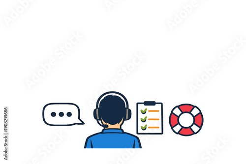 A flat vector illustration of a customer support agent wearing a headset, surrounded by icons for chat, a checklist, and a lifebuoy, representing professional help and service.