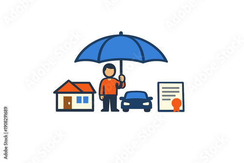 A flat illustration of a person holding a large blue umbrella over a house, a car, and a document with a red seal, representing comprehensive insurance coverage and protection.