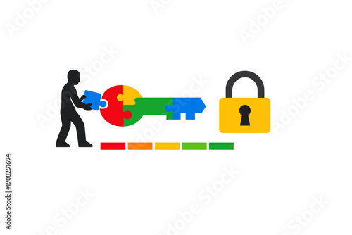 A black silhouette of a person completes a colorful puzzle key to unlock a yellow padlock. A multi-colored progress bar sits below the key on a dark background.