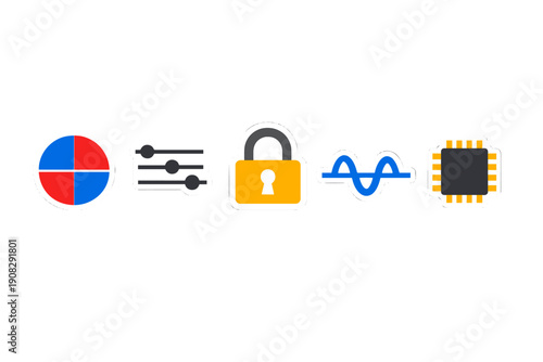 Five digital technology stickers featuring a multi-colored circle, adjustment sliders, a security padlock, a blue frequency wave, and a computer processor on a black background.