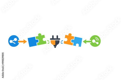 A conceptual illustration featuring colorful puzzle pieces and a power plug icon, symbolizing integration, data connection, and networking between different digital systems.