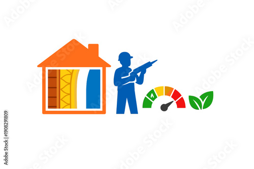 An illustration showing home insulation with a worker using a spray gun, an energy efficiency gauge, and green leaves, representing eco-friendly building renovation and heat saving.
