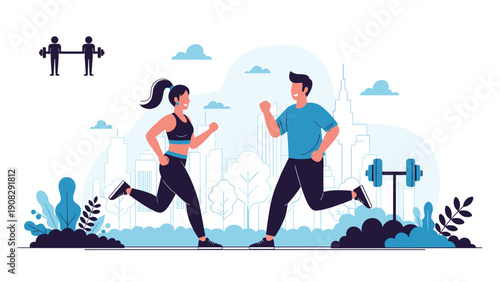 Athletic man and woman jogging in a scenic city park to maintain a healthy lifestyle and improve physical fitness during a morning run.