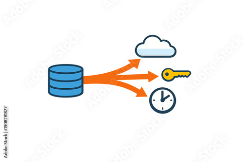 A vector graphic depicts a blue database with orange arrows leading to icons representing cloud storage, security access, and time management on a dark background.