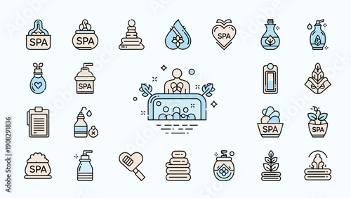 Comprehensive collection of spa icons featuring massage stones, essential oils, lotions, and holistic treatment symbols for relaxation.