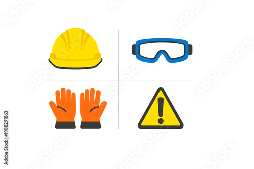This graphic displays four icons of safety gear: a yellow construction helmet, blue protective eyewear, orange work gloves, and a yellow caution triangle on a black background.