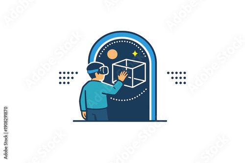 A flat vector illustration of a person wearing a virtual reality headset and interacting with a 3D wireframe cube inside a glowing portal against a dark background with stars.