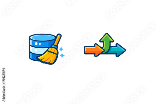 This illustration features a blue database cylinder being swept by a yellow broom alongside three colorful arrows branching out, symbolizing data cleaning and distribution.