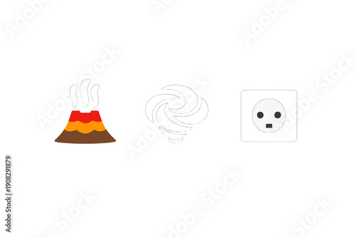 Three icons representing energy sources are displayed on a black background, including a smoking volcano, a white swirling turbine symbol, and a standard electrical wall outlet.