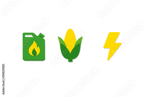 A green fuel canister with a flame, an ear of corn, and a yellow lightning bolt icon are arranged horizontally against a black background, symbolizing biofuel and renewable energy.
