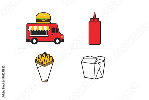 A collection of four flat vector icons featuring a red food truck with a burger, a ketchup bottle, french fries in a cone, and a white takeout box on a black background.