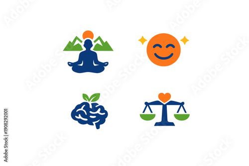 A set of four colorful vector icons representing mental health and wellness, featuring a meditating person, a smiling sun with stars, a brain with a sprout, and a balanced scale with a heart.