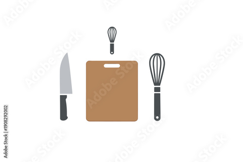 This illustration features a chef knife, a wooden cutting board, and two wire whisks of different sizes arranged symmetrically against a dark, textured background.
