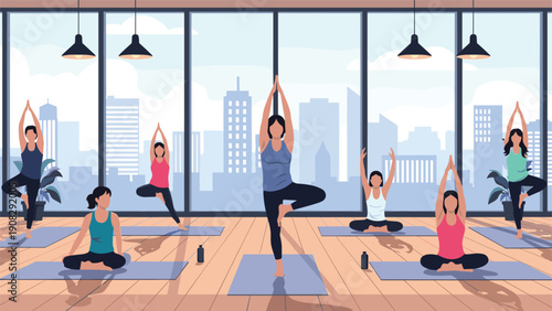 Group of people practicing yoga poses in a modern studio with large windows overlooking a scenic metropolitan city skyline at sunset.