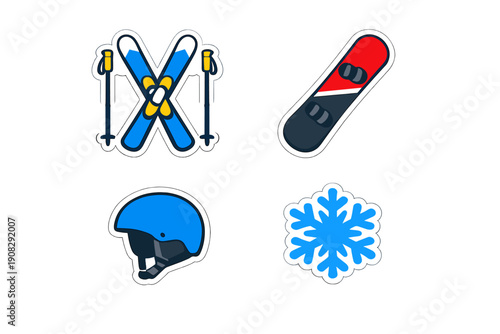 A collection of winter sports stickers featuring crossed blue skis with poles, a red and dark blue snowboard, a blue safety helmet, and a blue snowflake icon on a black background.