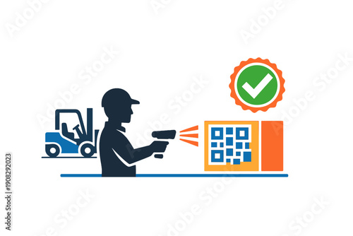 A flat vector illustration of a warehouse worker using a handheld scanner to read a QR code on a package, featuring a green checkmark for successful verification and a forklift.