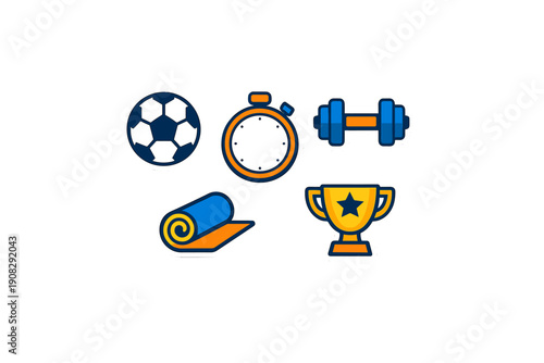 A collection of five sports and fitness icons including a soccer ball, stopwatch, dumbbell, yoga mat, and a trophy, presented as stickers with white borders on a black background.