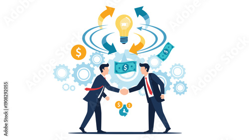 Successful businessmen shaking hands surrounded by mechanical gears, light bulbs, and floating money representing a profitable partnership.